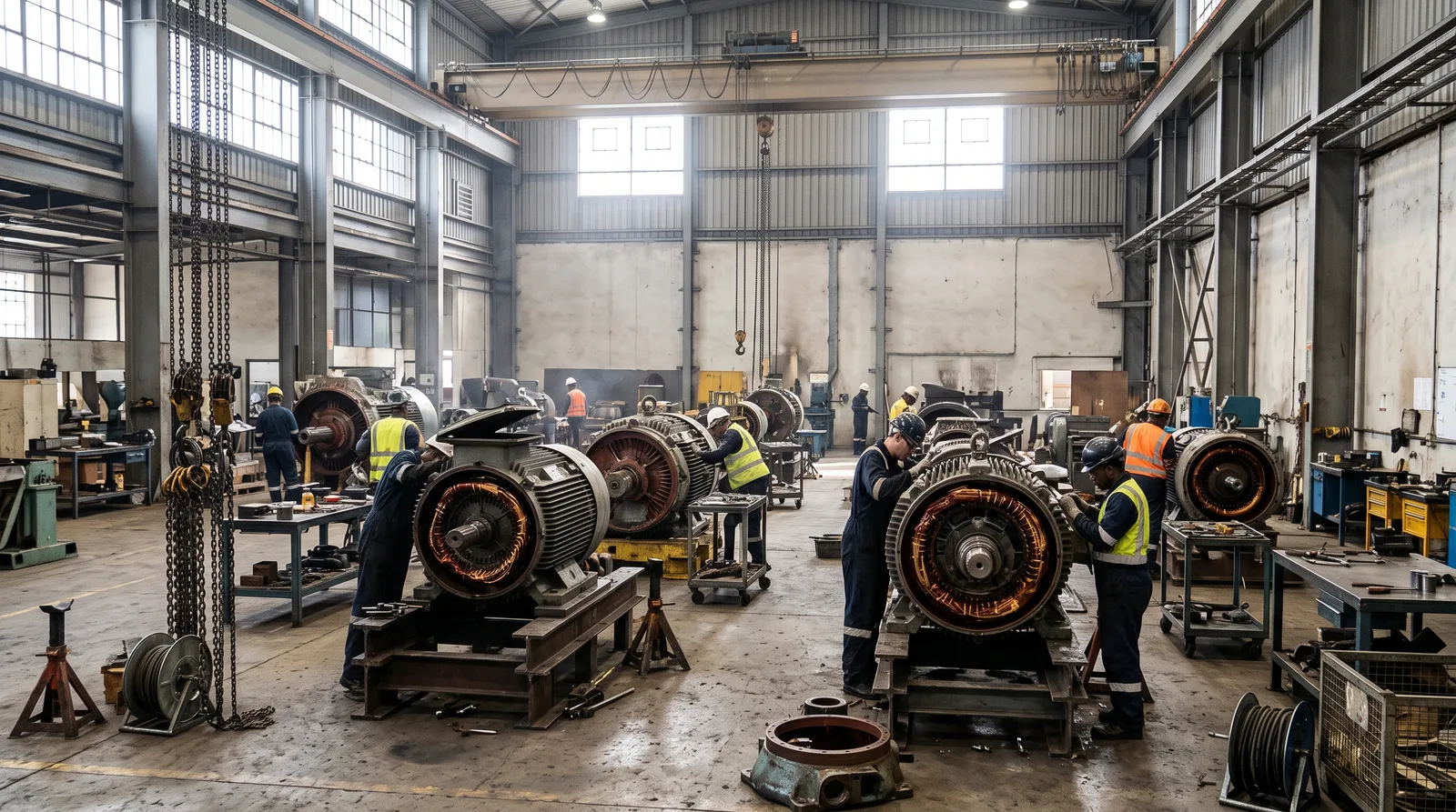 Engineers overhauling large motors in a service workshop