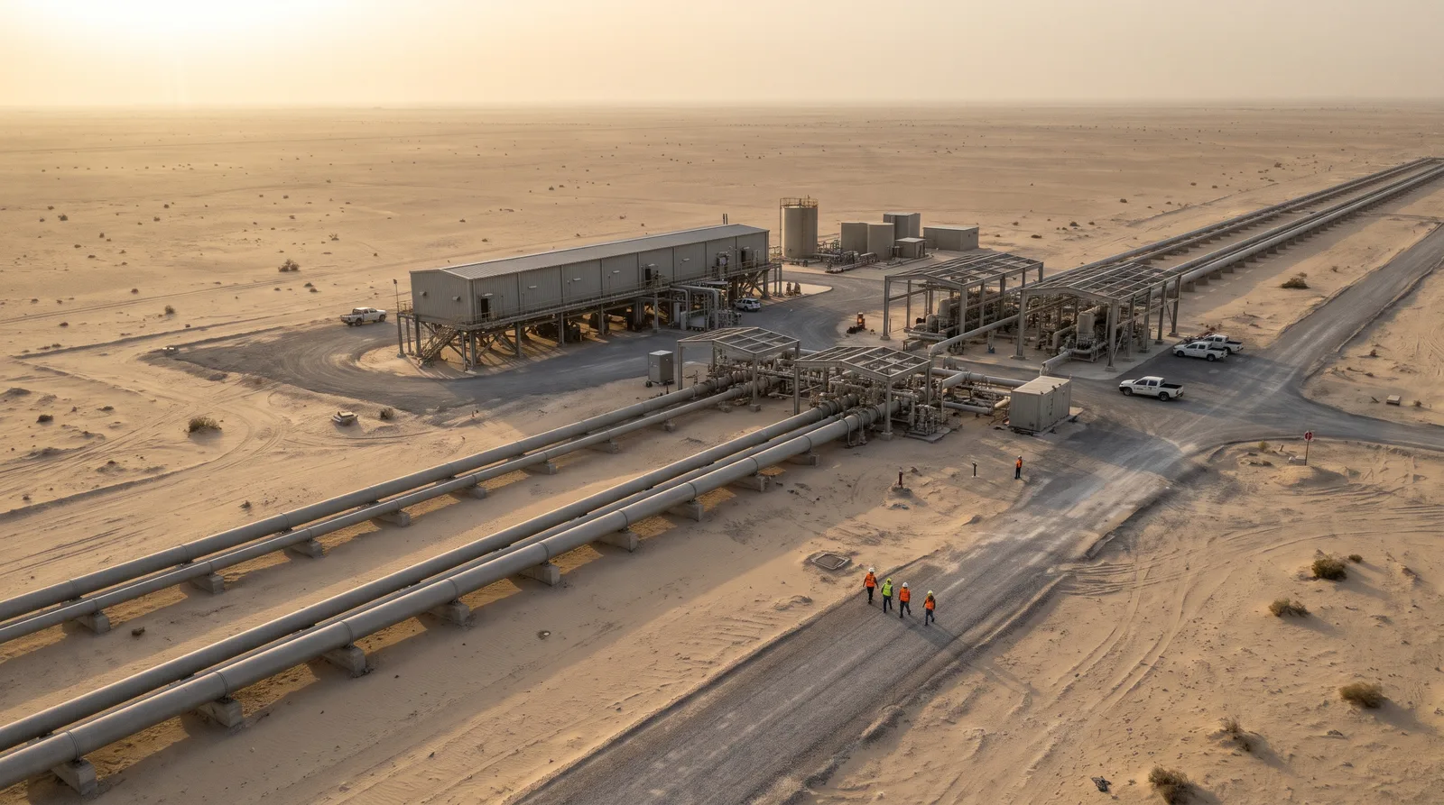 Pipeline pumping station in flat desert, seen from above