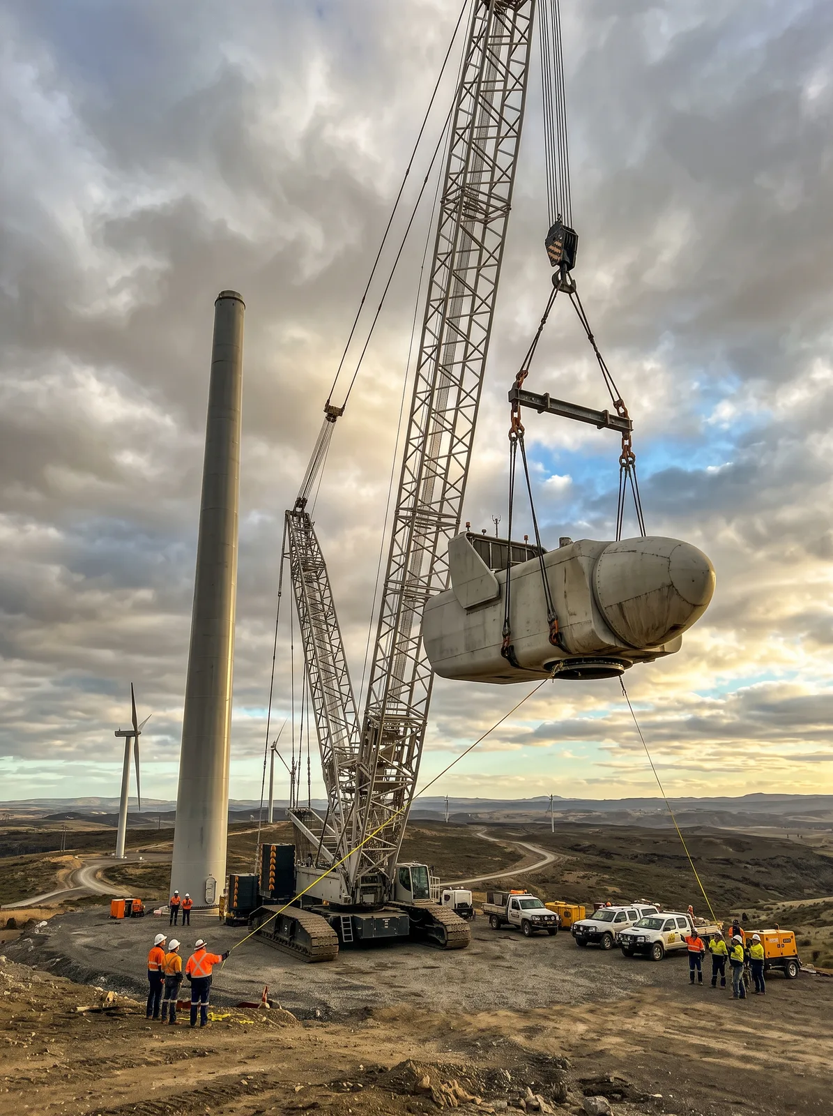 Wind turbine nacelle being lifted by a crane