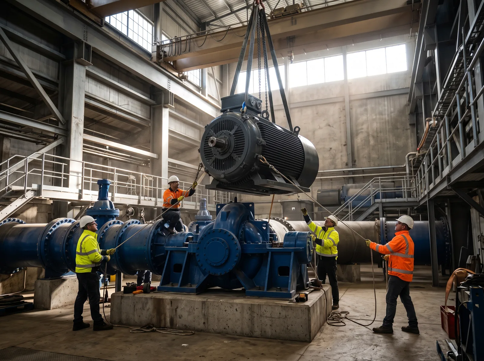 Engineers lowering a new motor onto a pump with a gantry crane