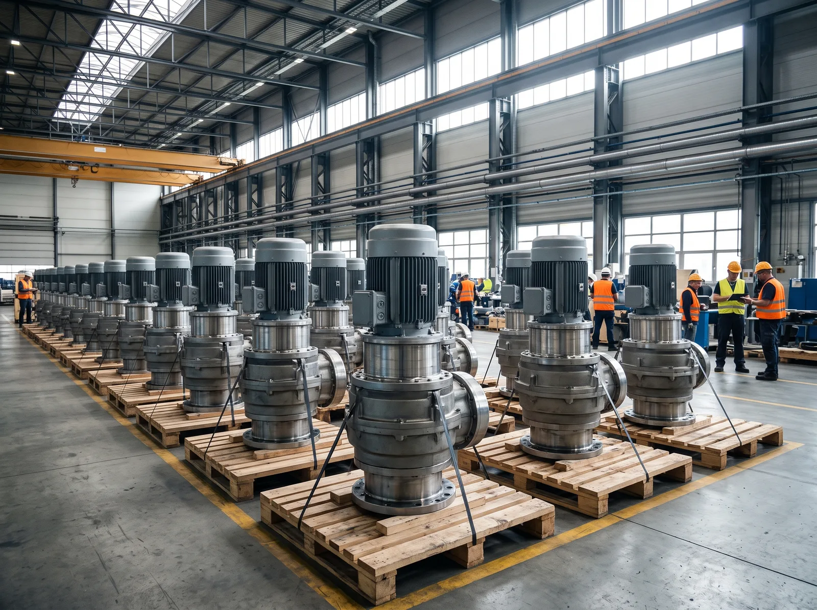 Rows of finished yaw drive units on pallets in the factory