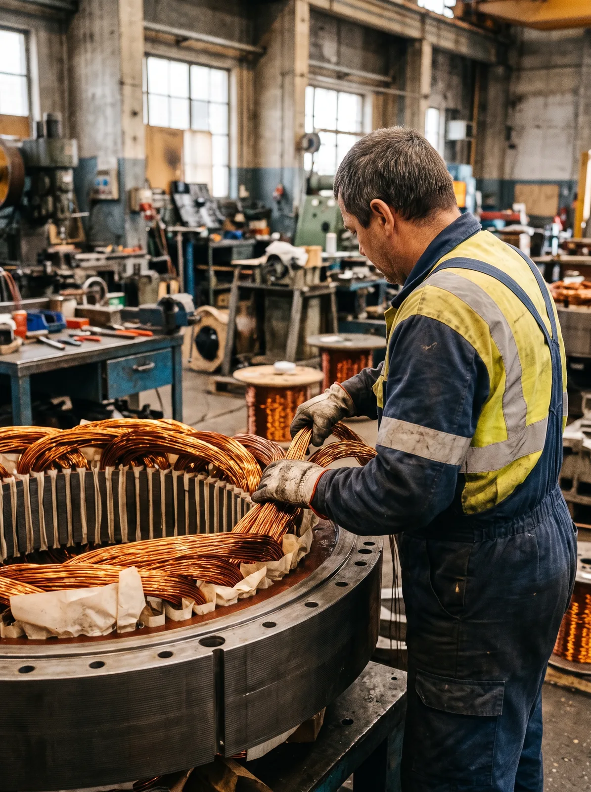 Technician placing copper coils into a large motor stator