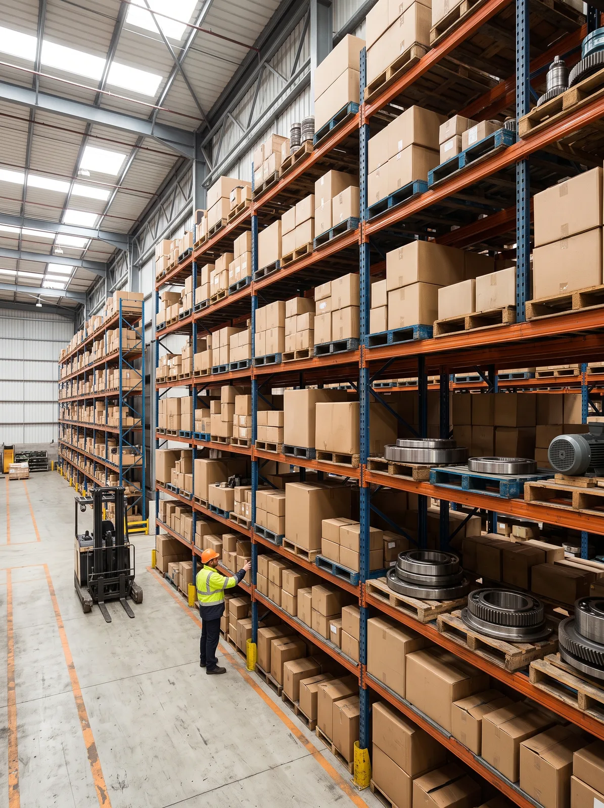 Spares warehouse with shelves of boxed parts and bearings