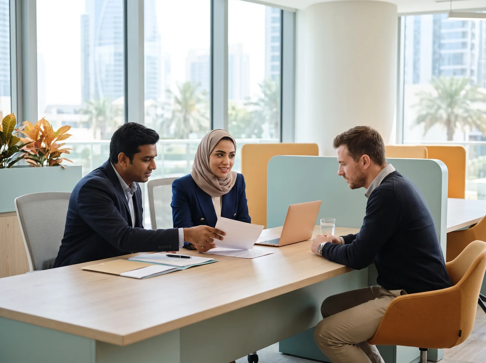مستشاران يراجعان المستندات مع عميل على مكتب