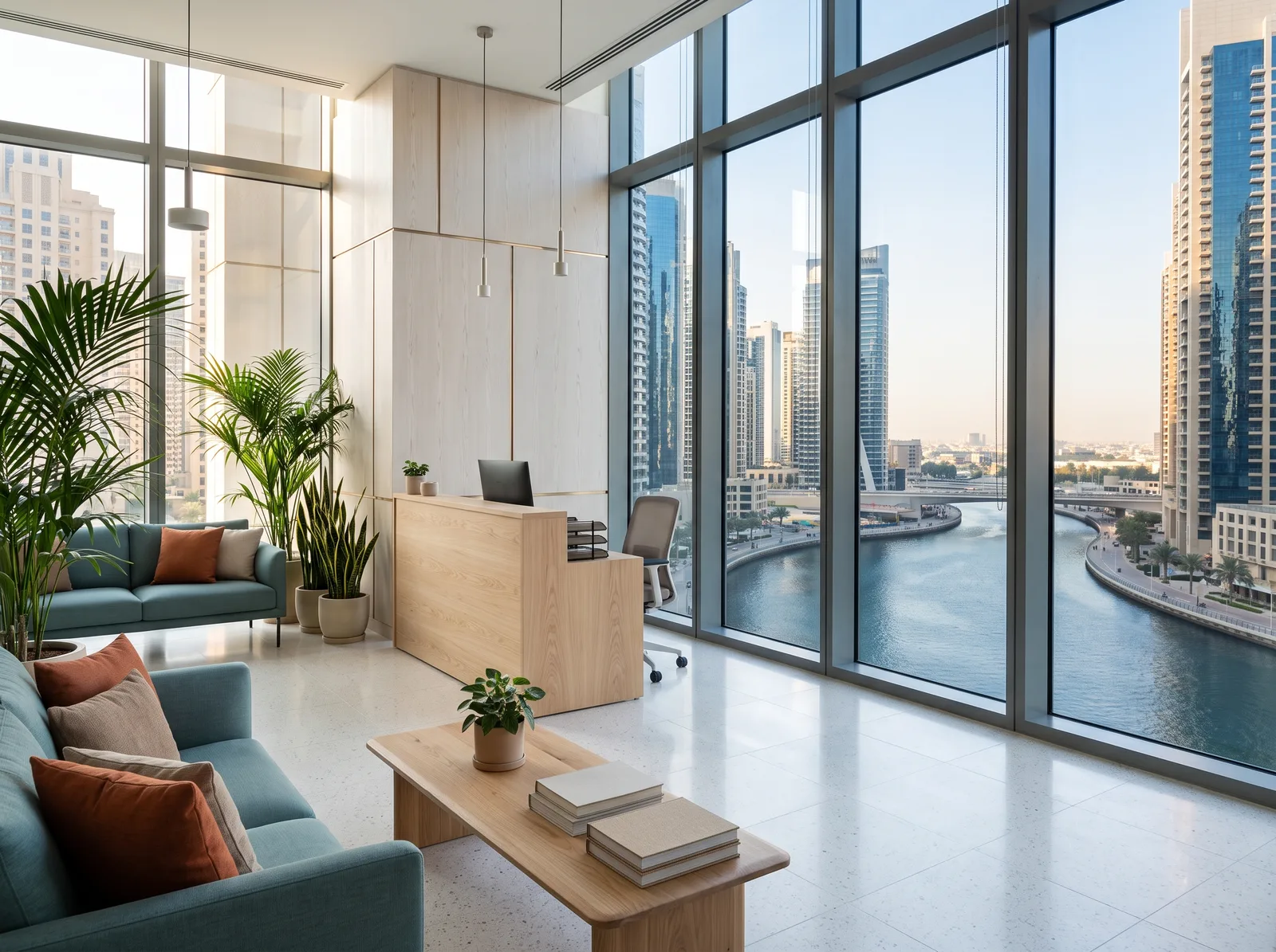 The bright reception of Tamam’s Business Bay office with sofas and plants