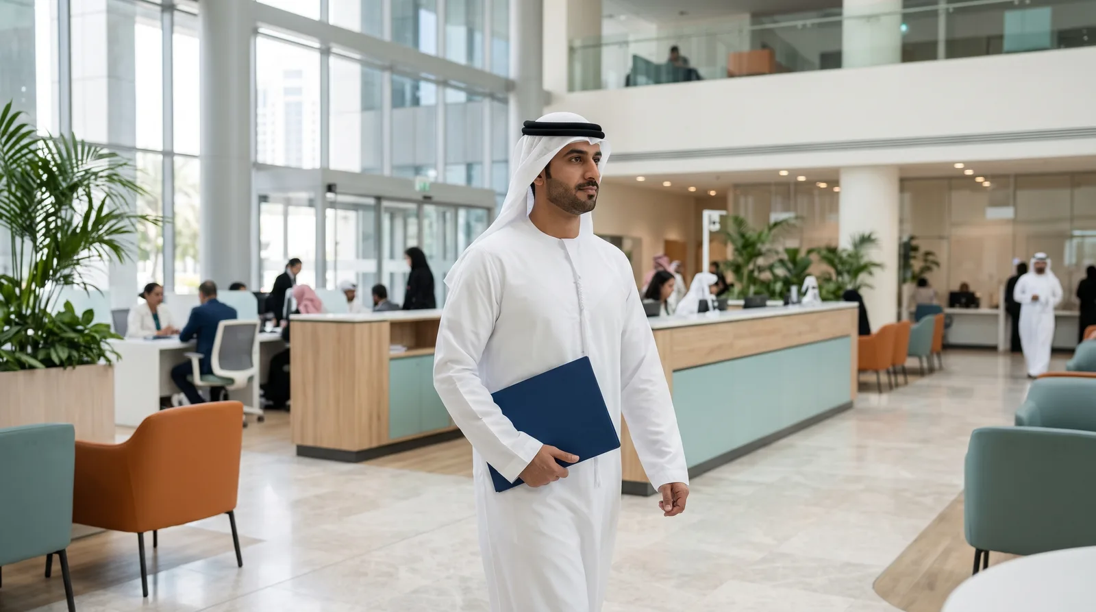 مندوب من تمام يحمل ملف مستندات في مركز خدمات حكومي مضيء