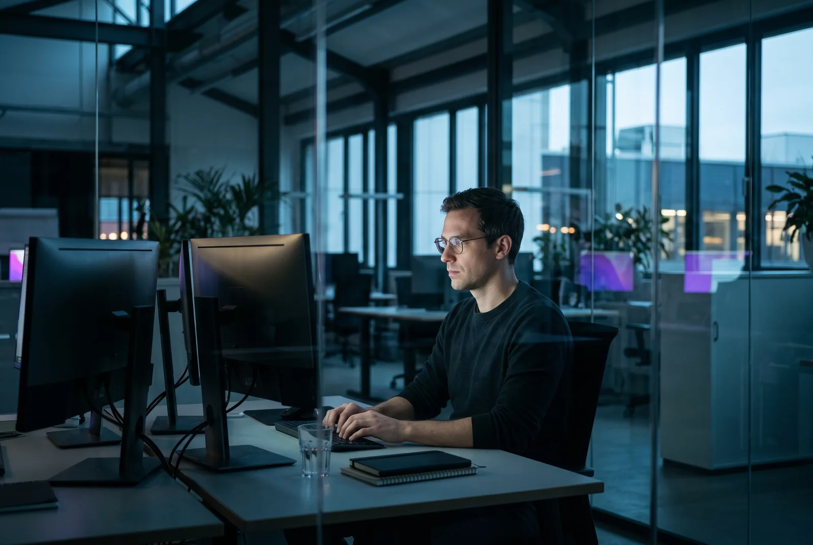 Analytics engineer working at a desk with two monitors in a quiet office
