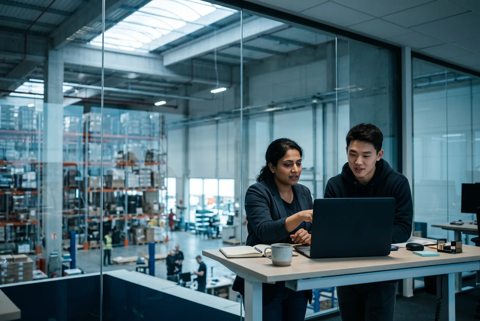 Two data engineers reviewing code together on a laptop at a standing desk