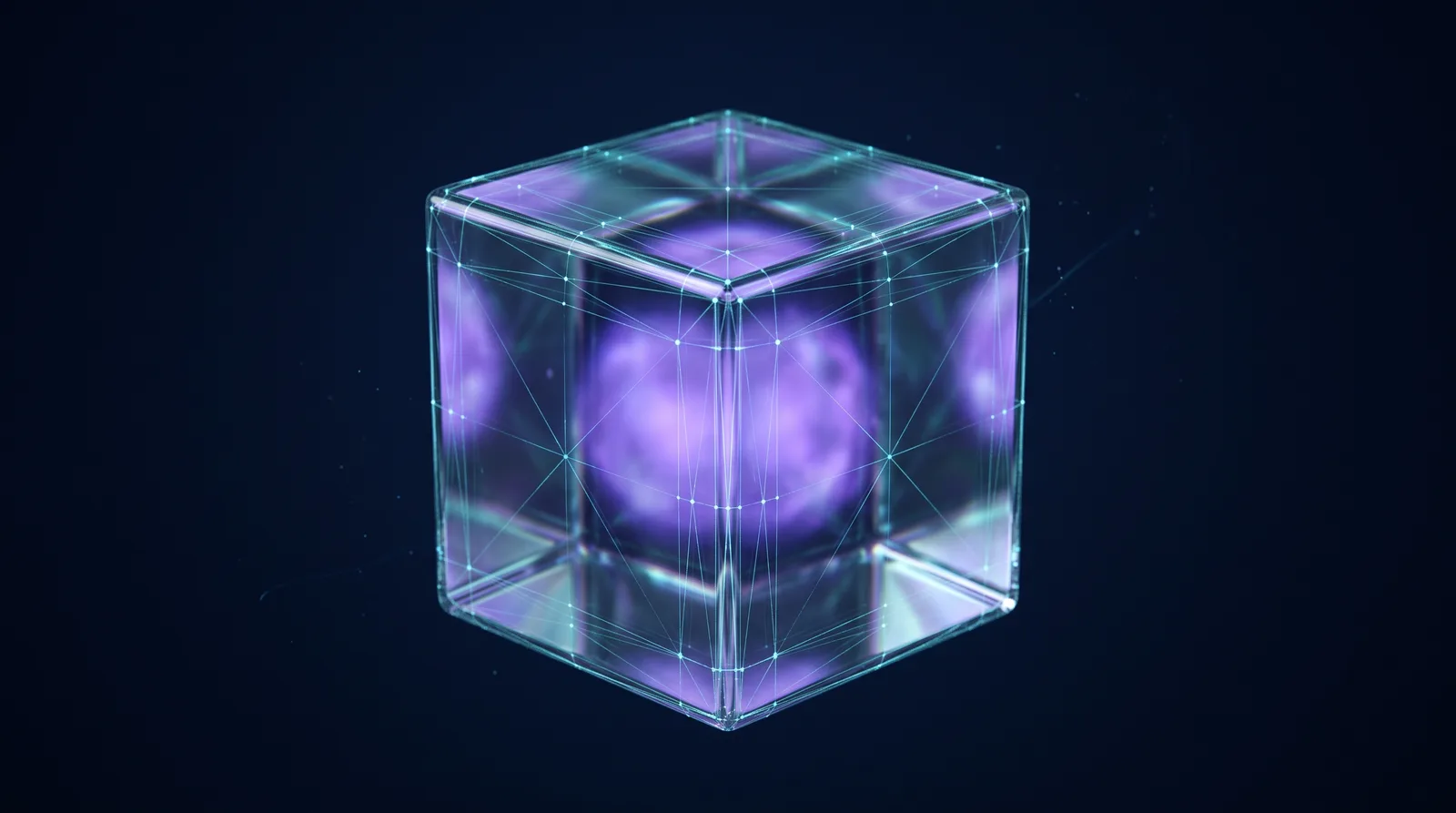 Glass cube with a glowing core inside a lattice of light